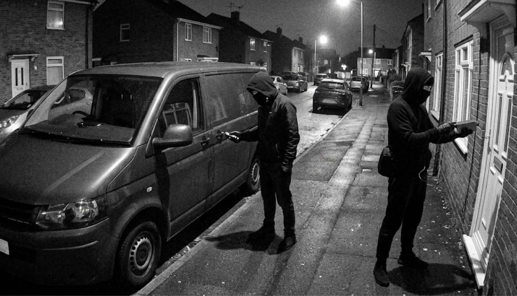 two thieves trying to steal a van at night